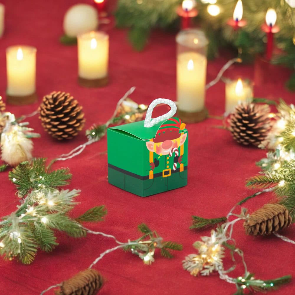 Cutie pătrată de Crăciun cu mâner de sfoară alb - verde (set 50 buc) - CraftUp