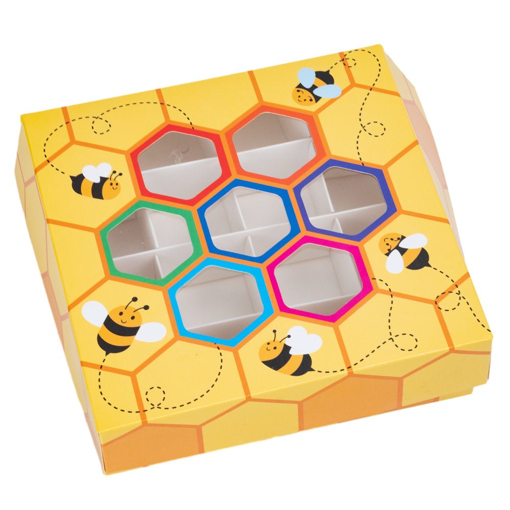 Cutie pătrată din hârtie cu 16 compartimente Fagurele Albinuțelor - galben (set 12 buc) - 15x15x3.5cm - CraftUp