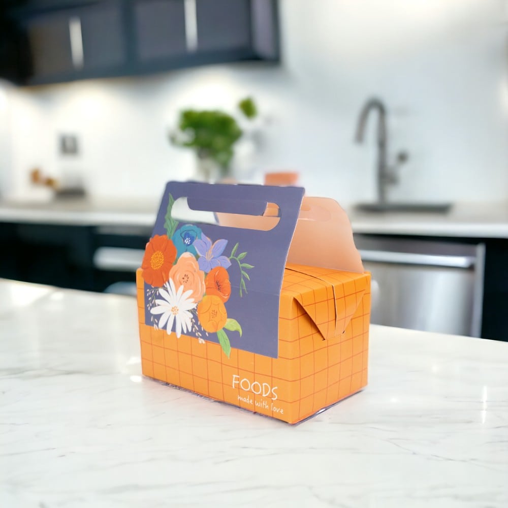 Cutie pentru prânz cu mâner model floral - portocaliu (set 25 buc) - CraftUp