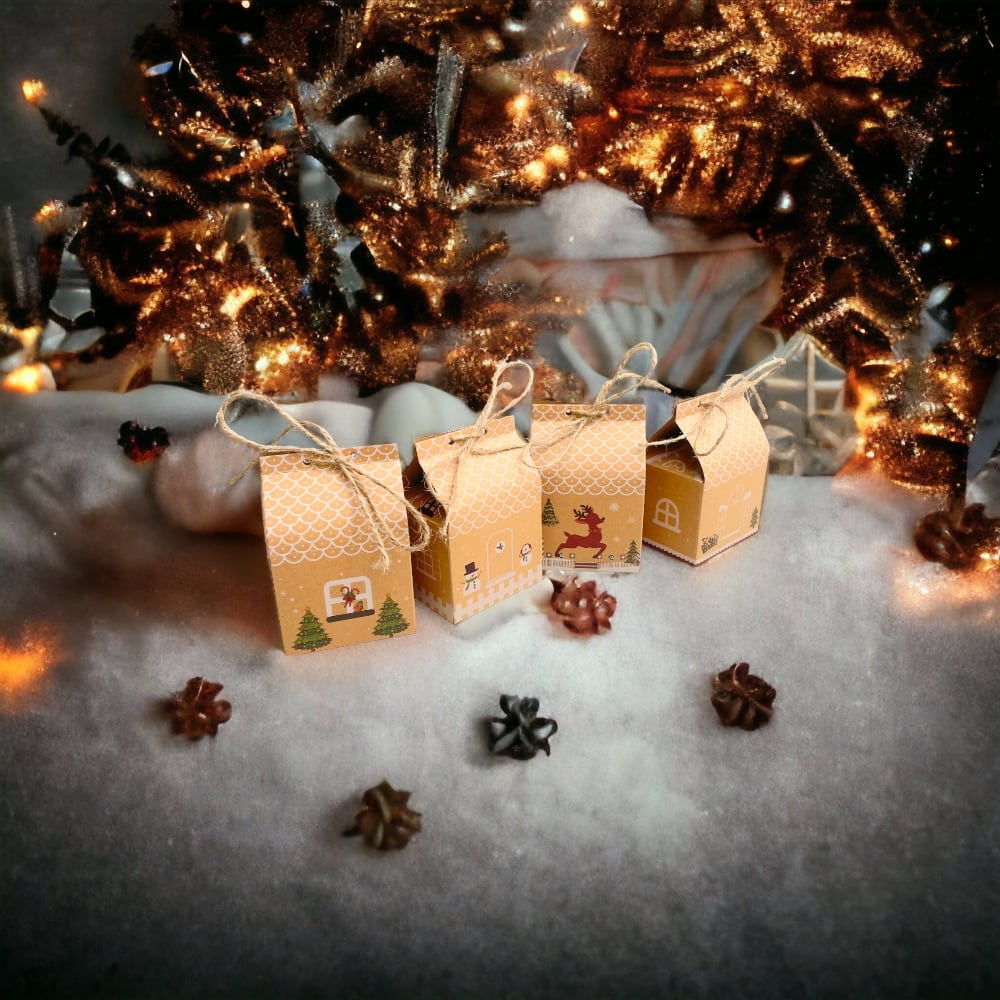 Cutii Crăciun în formă de căsuță cu sfoară iută mix 4 modele (set 24 buc) 5x7x10.5cm - CraftUp