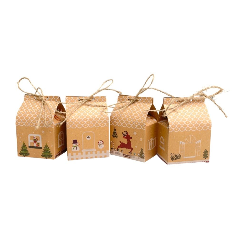 Cutii Crăciun în formă de căsuță cu sfoară iută mix 4 modele (set 24 buc) 5x7x10.5cm - CraftUp
