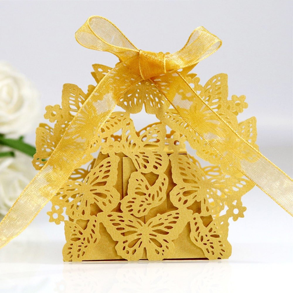 Cutiuță cu fundă model fluturași 6,3x4cm - auriu (set 50 buc) - CraftUp