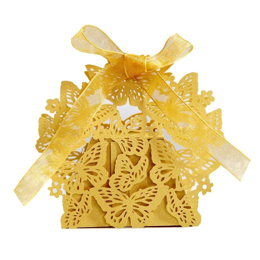 Cutiuță cu fundă model fluturași 6,3x4cm - auriu (set 50 buc) - CraftUp