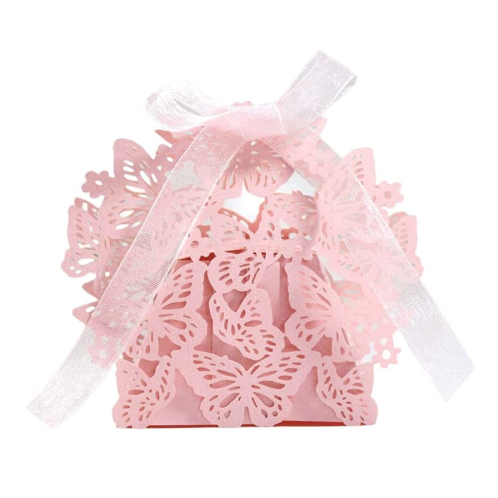 Cutiuță cu fundă model fluturași 6,3x4cm - roz (set 50 buc) - CraftUp