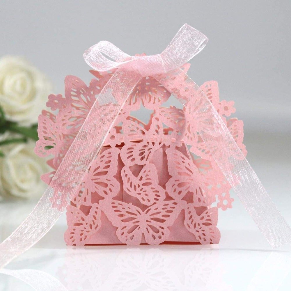 Cutiuță cu fundă model fluturași 6,3x4cm - roz (set 50 buc) - CraftUp