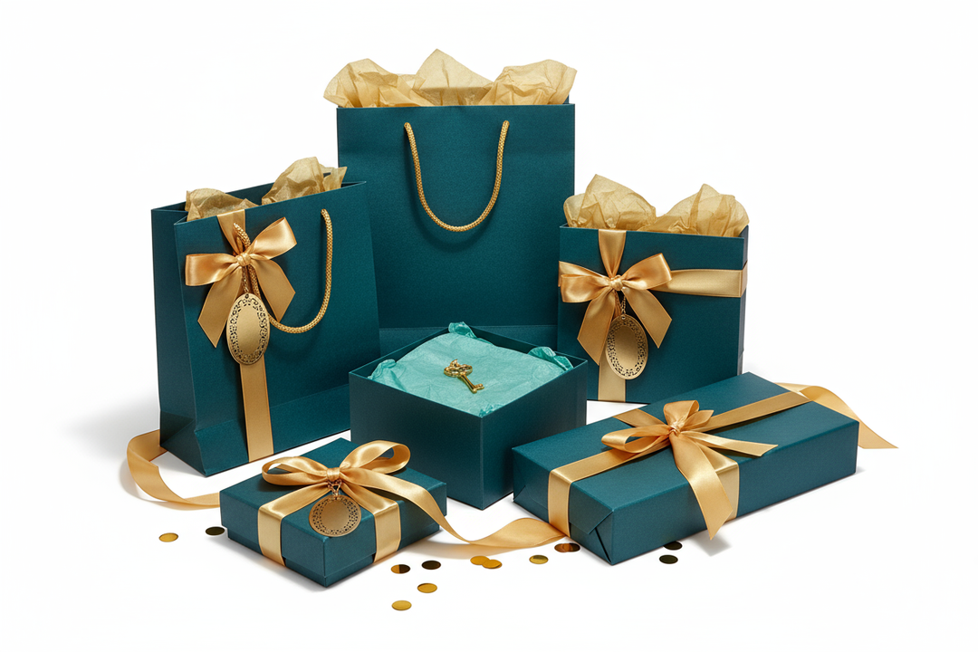 Elegant product packaging display — luxury gift bags, boxes with satin ribbons, tissue paper, tags, minimalist background, teal and gold color palette, commercial studio lighting, premium e-commerce style, crisp focus, Createur.ro aesthetic.