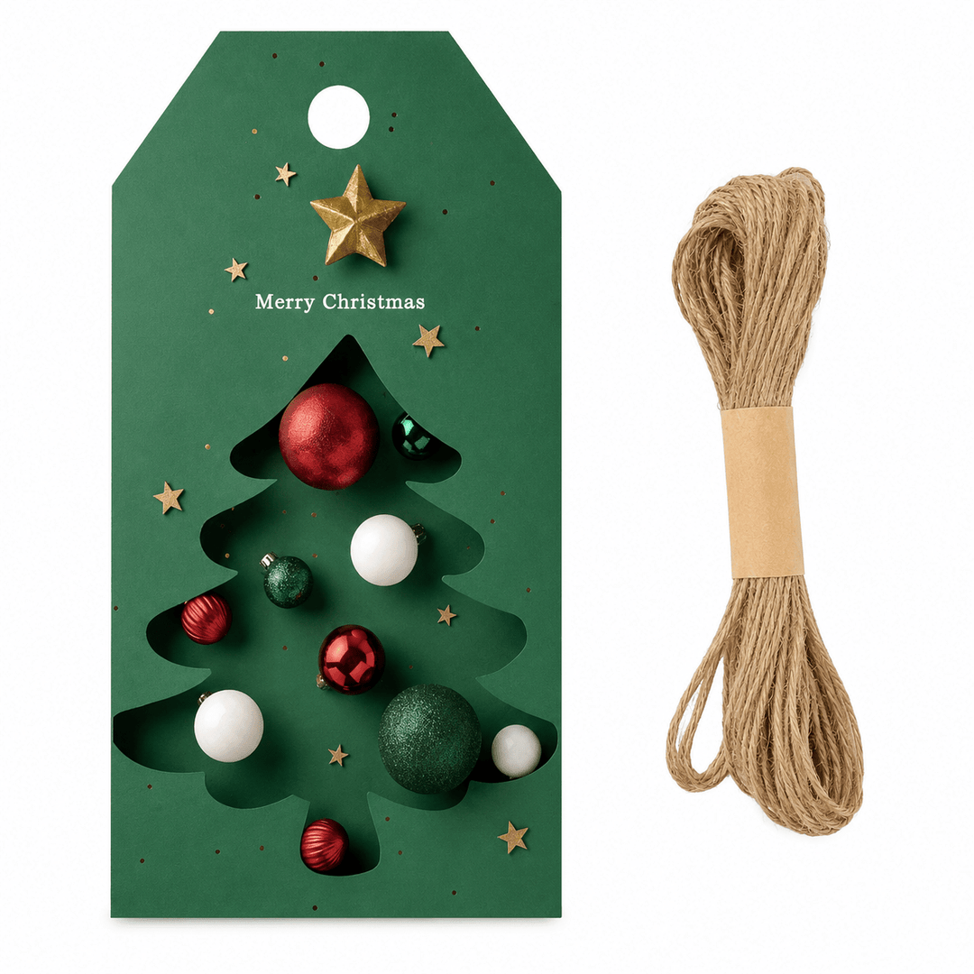 Etichete Crăciun cu brad și globuri - verde (set 48 buc) - CraftUp