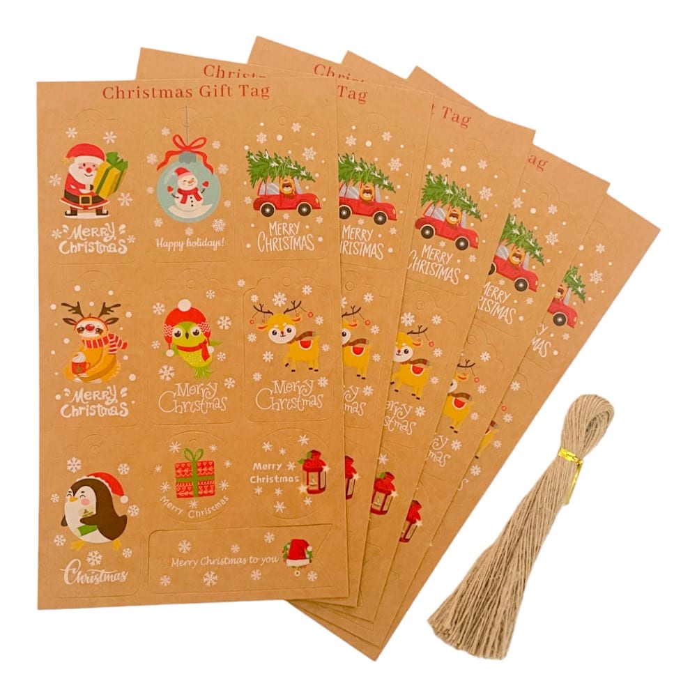 Etichete Crăciun forme diferite cu sfoară iută - model 3 (set 50 buc) - CraftUp