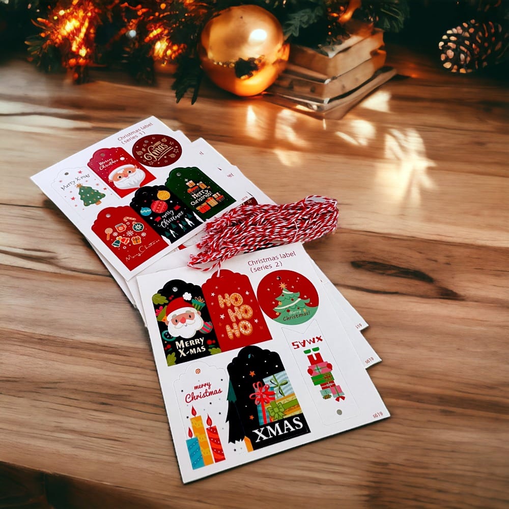 Etichete Crăciun forme diferite cu sfoară iută - model 8 (set 48 buc) - CraftUp