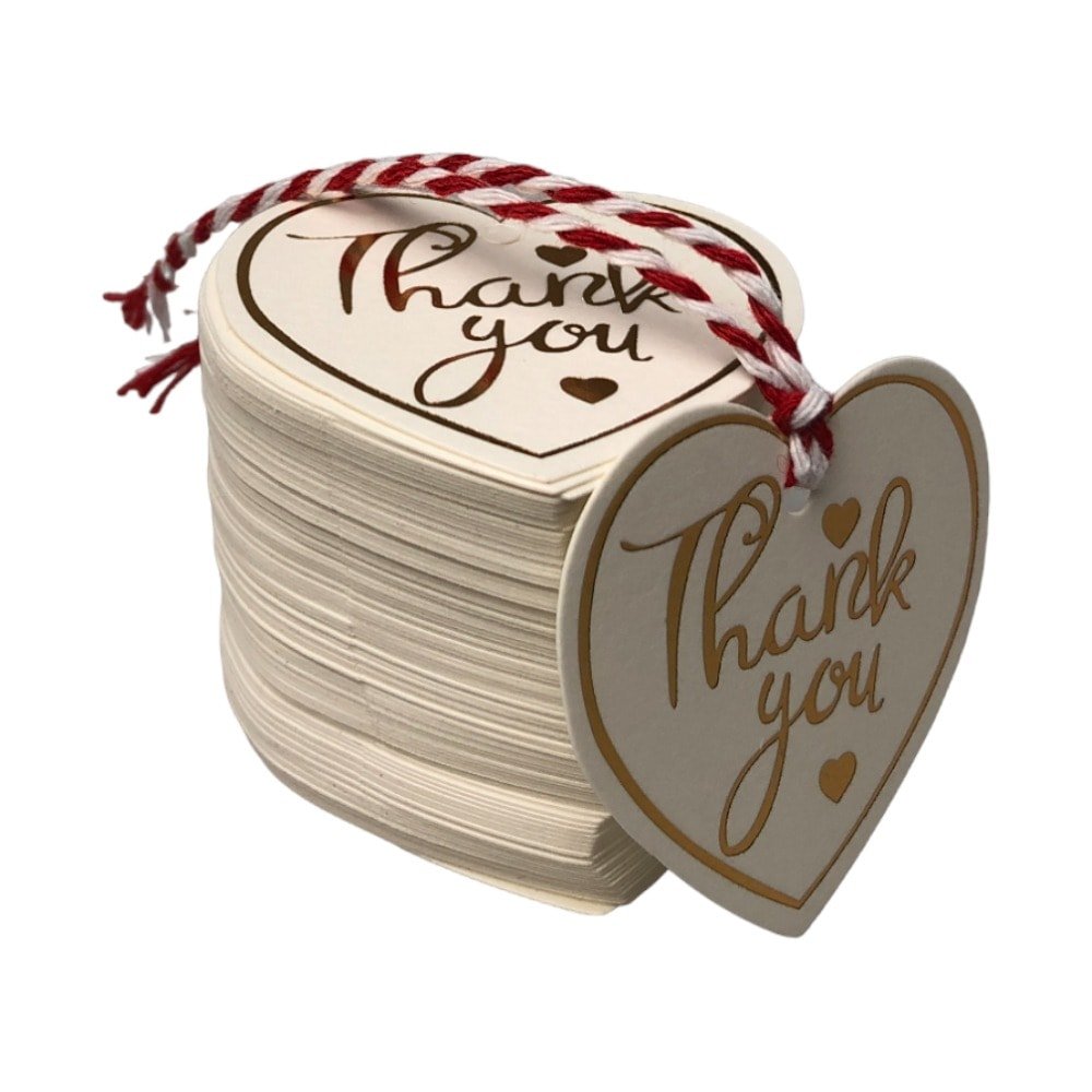 Etichete din hârtie în formă de inimă Thank you 5cm - alb (set 100 buc) - CraftUp