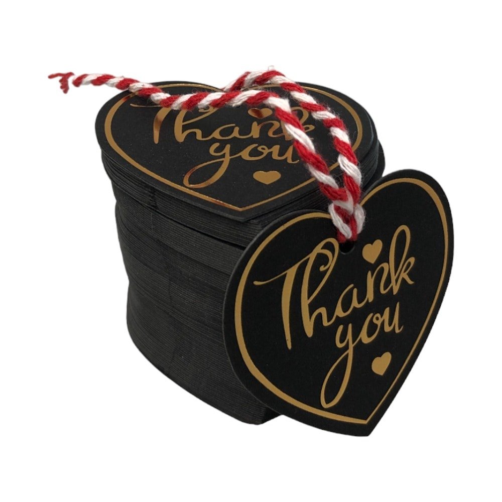 Etichete din hârtie în formă de inimă Thank you 5cm - negru (set 100 buc) - CraftUp