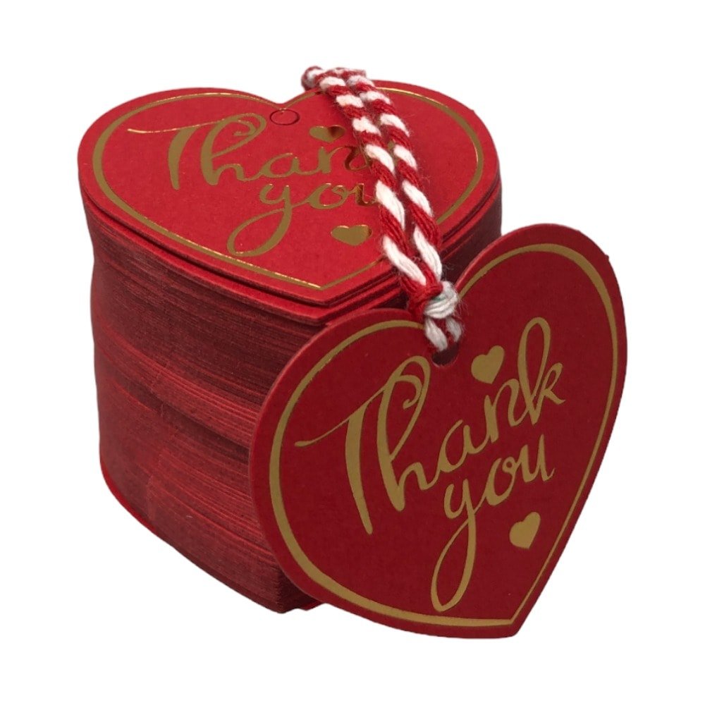 Etichete din hârtie în formă de inimă Thank you 5cm - roșu (set 100 buc) - CraftUp