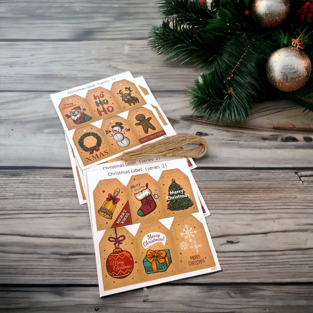 Etichete dreptunghiulare Crăciun cu sfoară iută - model 9 (set 48 buc) - CraftUp