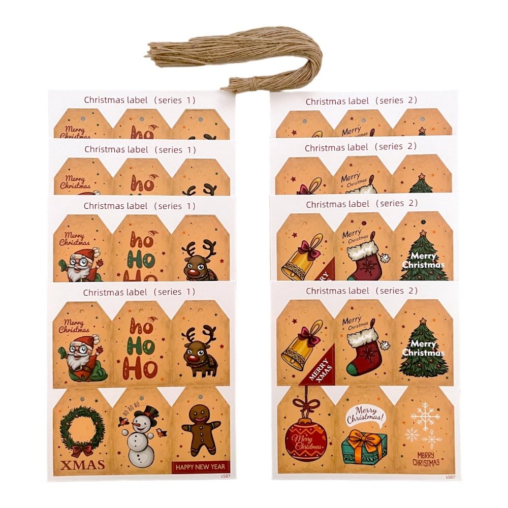 Etichete dreptunghiulare Crăciun cu sfoară iută - model 9 (set 48 buc) - CraftUp