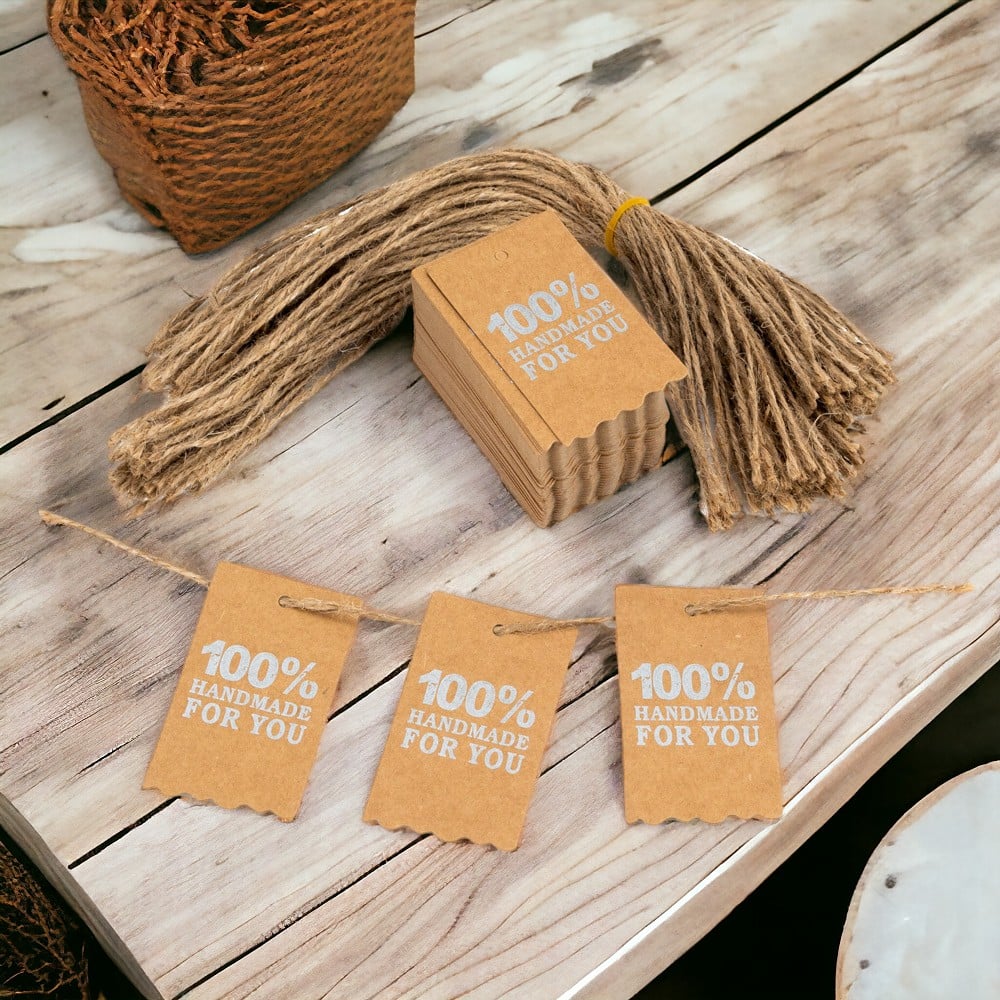Etichete dreptunghiulare cu sfoară și mesaj 100% Handmade for you - kraft (set 100 buc) - CraftUp