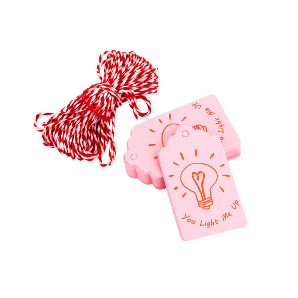 Etichete dreptunghiulare cu șnur model You light me up - roz (set 50 buc) - CraftUp