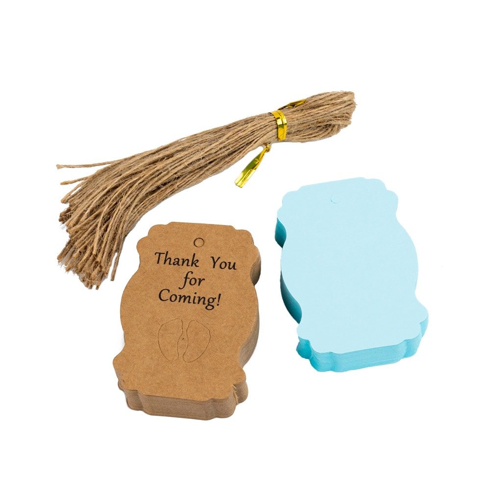 Etichete în 2 culori cu șnur model piciorușe de bebeluș - bleu (set 50 buc) - CraftUp