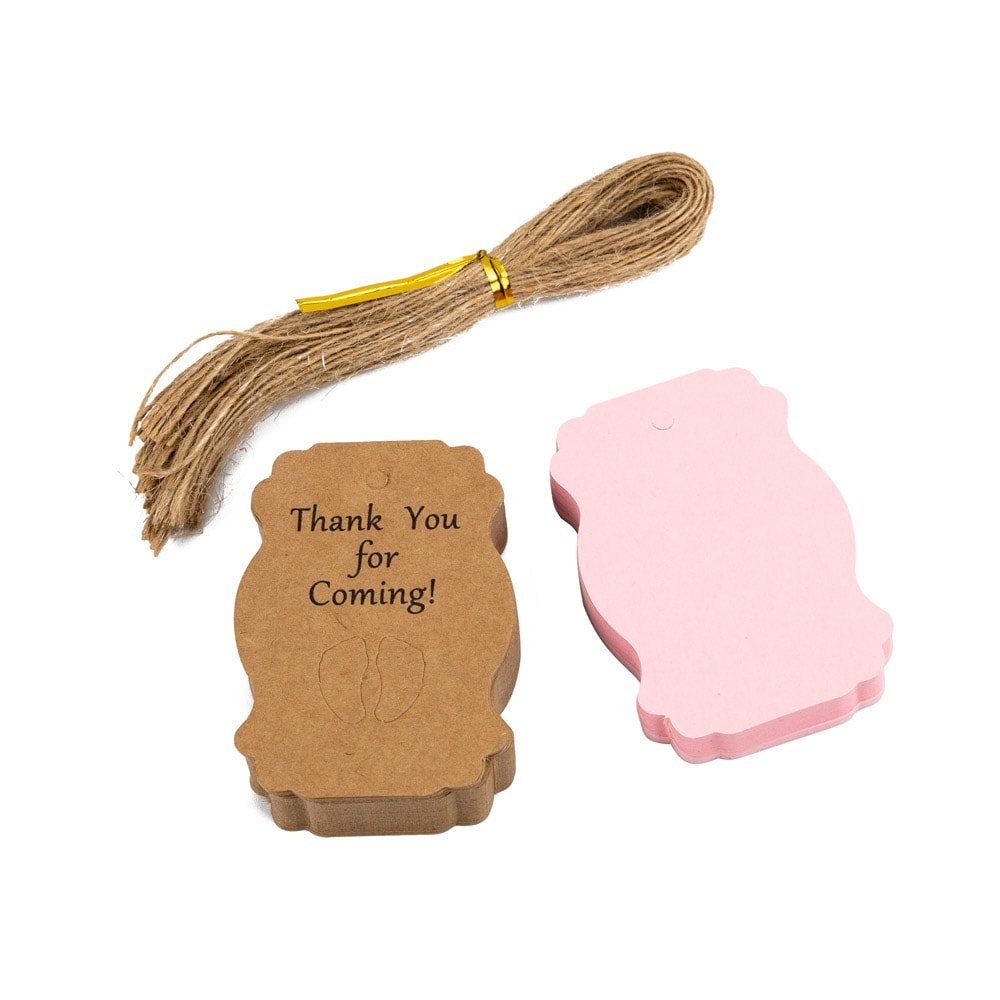 Etichete în 2 culori cu șnur model piciorușe de bebeluș - roz (set 50 buc) - CraftUp