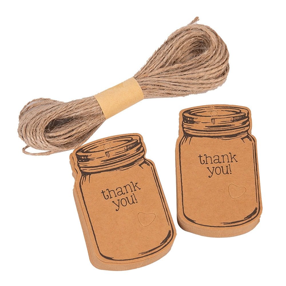 Etichete model borcan cu mesaj Thank you și sfoară iută - kraft (set 50 buc) - CraftUp