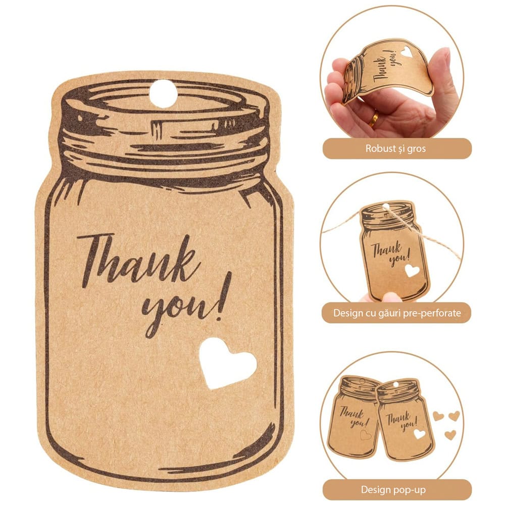 Etichete model borcan cu mesaj Thank you și sfoară iută - kraft (set 50 buc) - CraftUp
