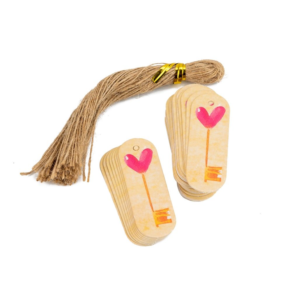 Etichete ovale cu sfoară model cheie inimă - roz (set 50 buc) - CraftUp