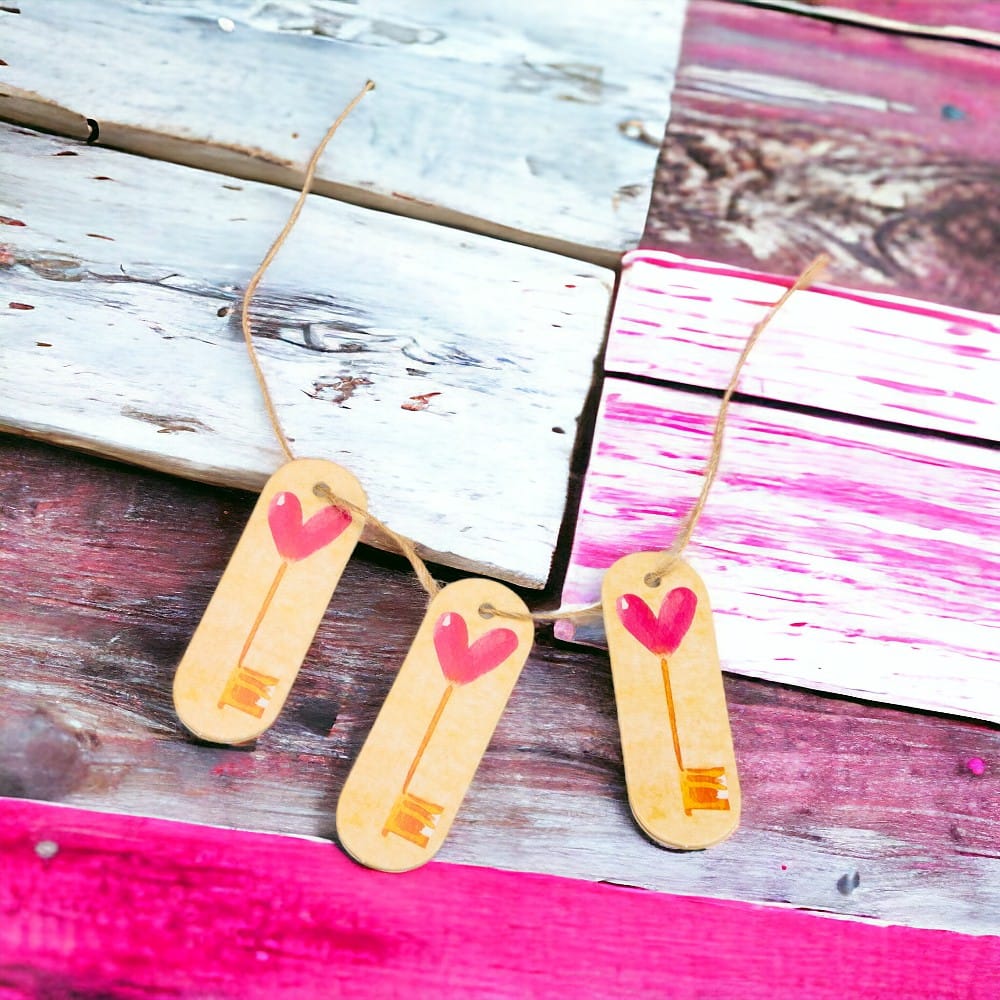 Etichete ovale cu sfoară model cheie inimă - roz (set 50 buc) - CraftUp