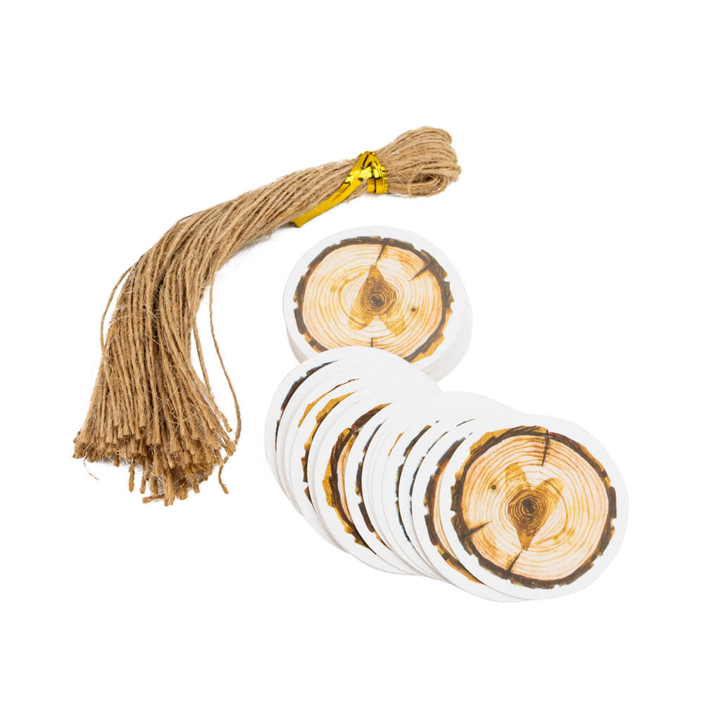 Etichete rotunde cu sfoară model inimă pe fundal de lemn - maro (set 50 buc) - CraftUp