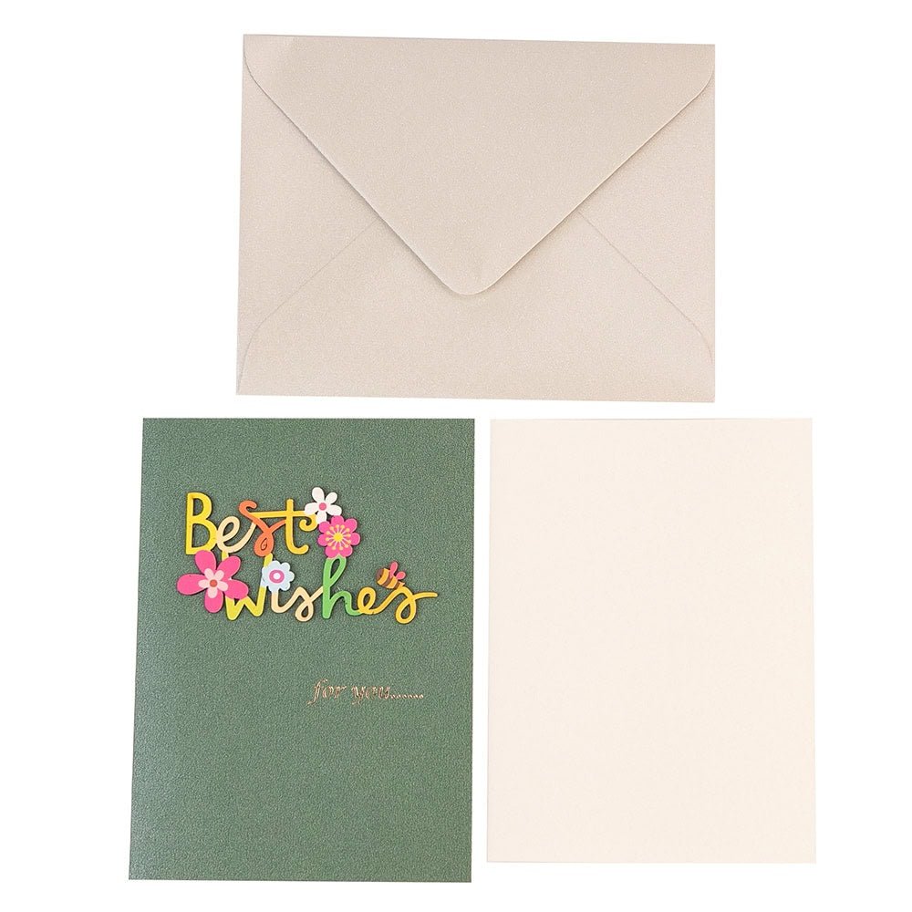 Felicitare 3D cu flori, mesaj Best Wishes și plic - verde - CraftUp