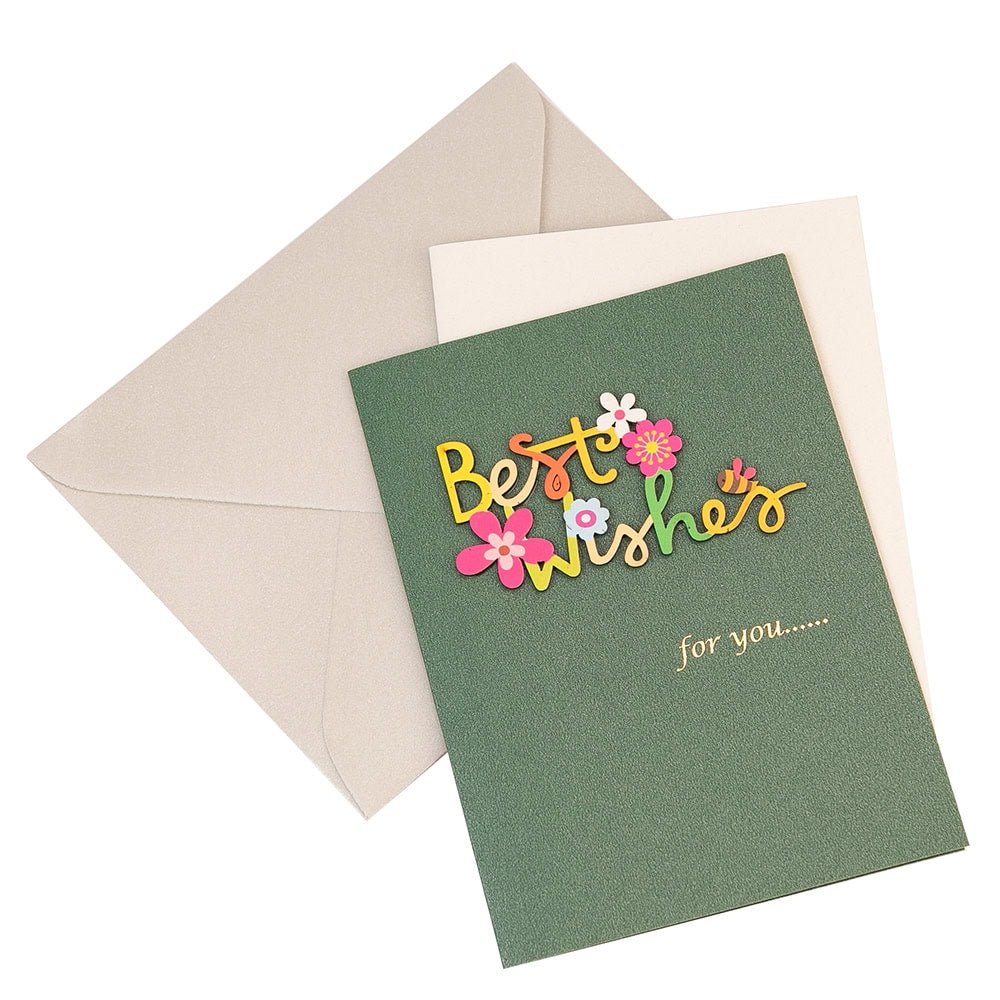 Felicitare 3D cu flori, mesaj Best Wishes și plic - verde - CraftUp