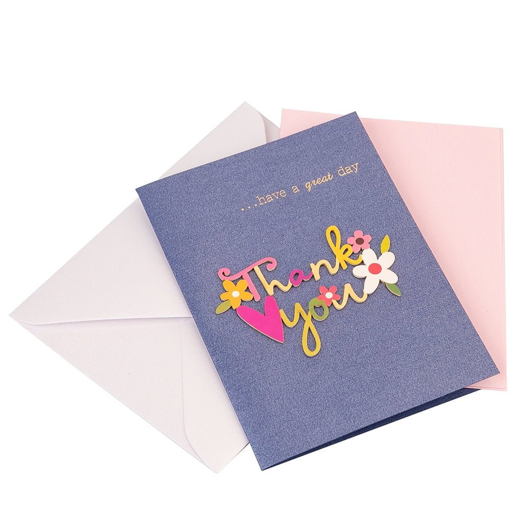 Felicitare 3D cu flori, mesaj Thank You și plic - albastru - CraftUp