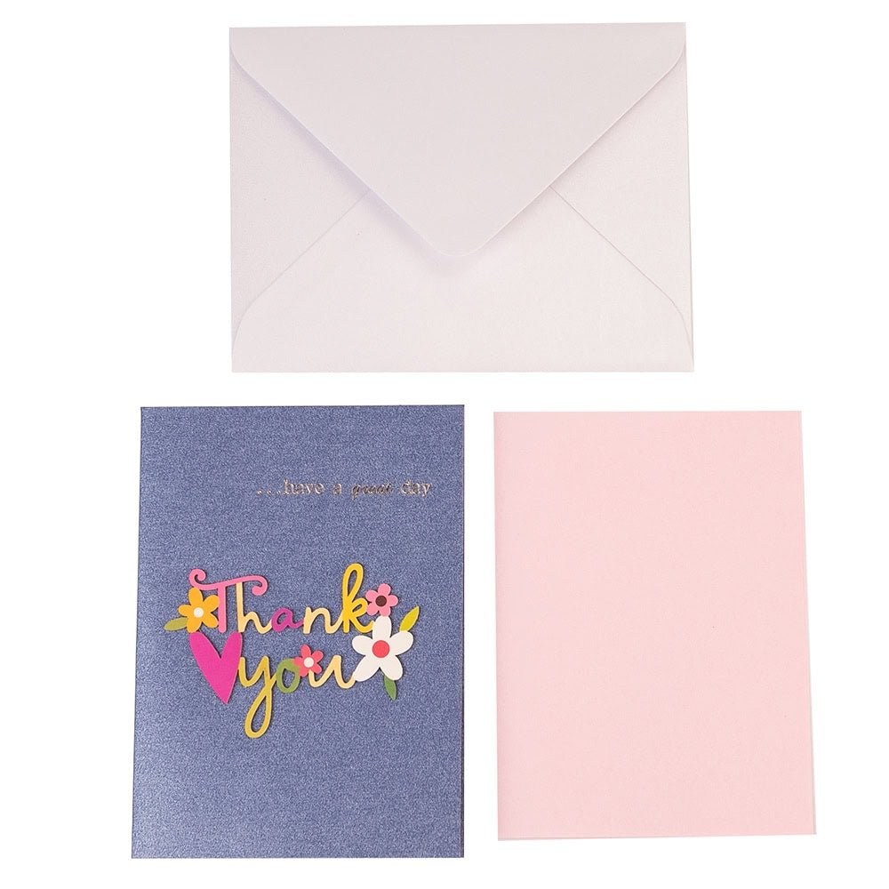 Felicitare 3D cu flori, mesaj Thank You și plic - albastru - CraftUp