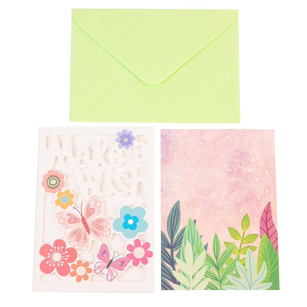 Felicitare decupată model flori și fluturi cu plic verde - CraftUp