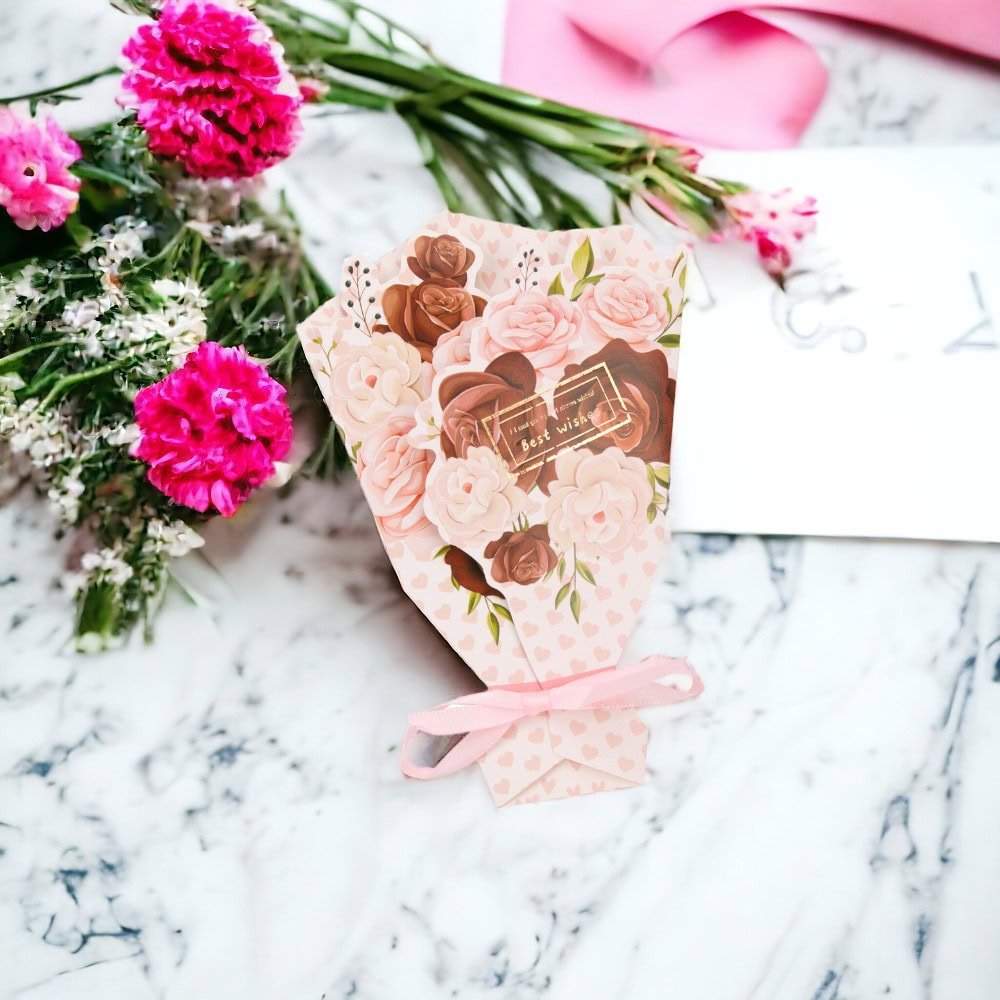 Felicitare hârtie cu panglică model buchet de flori - roz (set 10 buc) - CraftUp