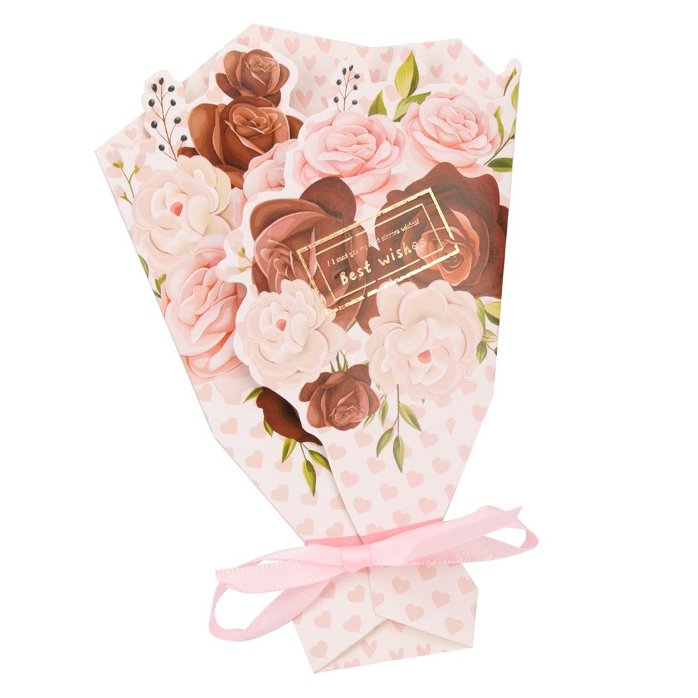 Felicitare hârtie cu panglică model buchet de flori - roz (set 10 buc) - CraftUp