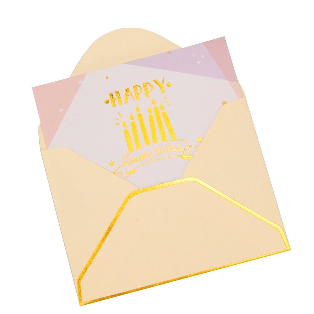 Felicitări hârtie cu mesaj auriu Happy Birthday - model lumânări (set 6 buc) - CraftUp