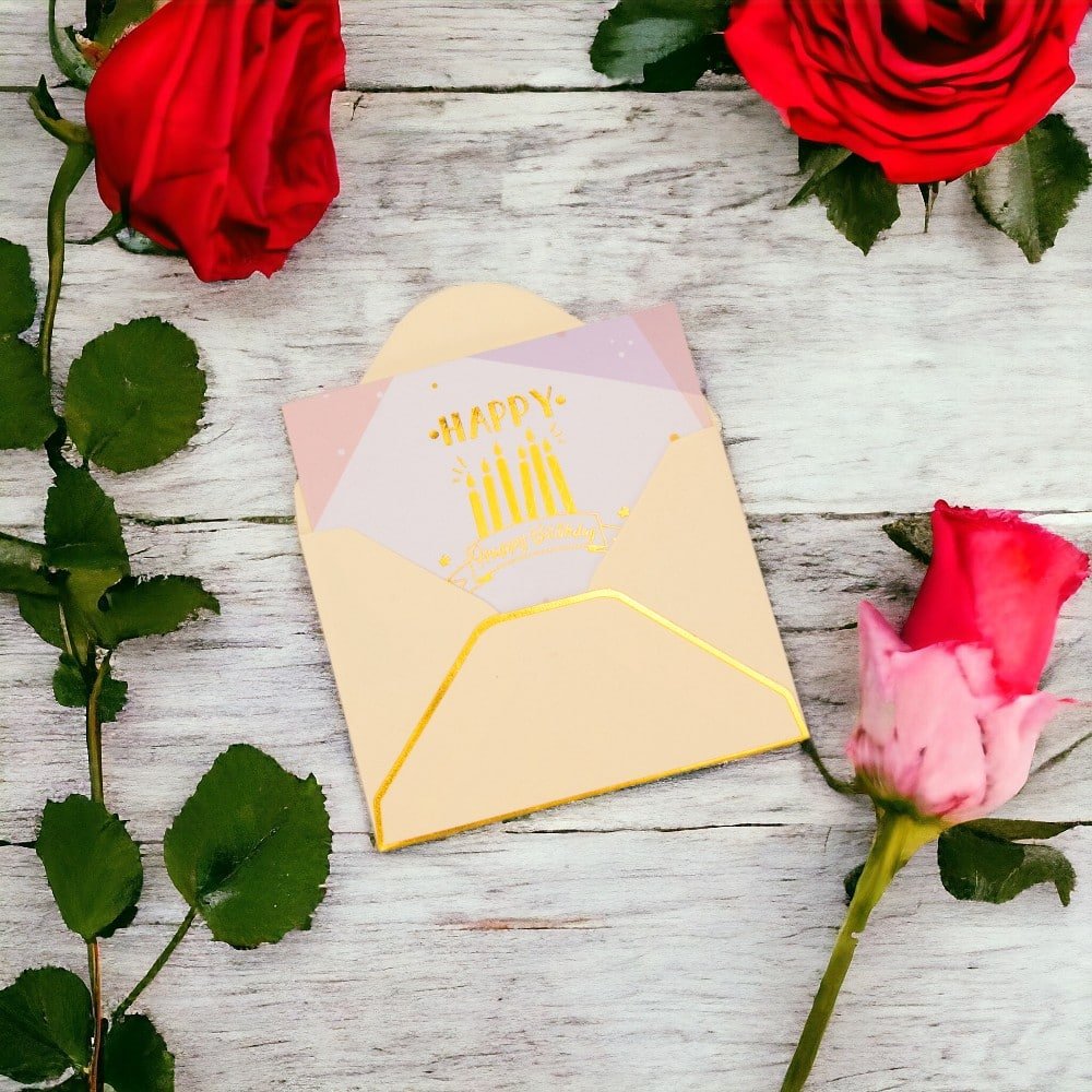 Felicitări hârtie cu mesaj auriu Happy Birthday - model lumânări (set 6 buc) - CraftUp