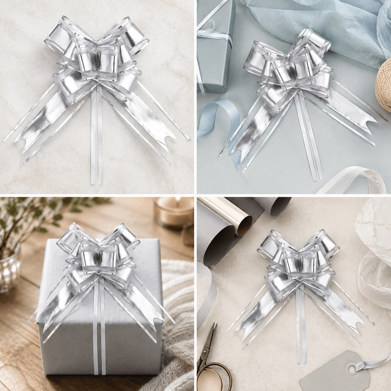 Funde pull bow din satin și organza - argintiu (set 10 buc) - CraftUp