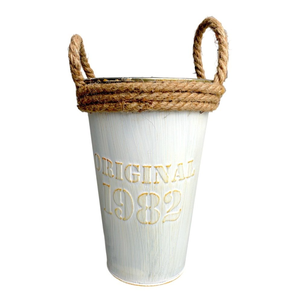 Ghiveci de metal cu mânere din iută - alb 12.5x20cm - CraftUp