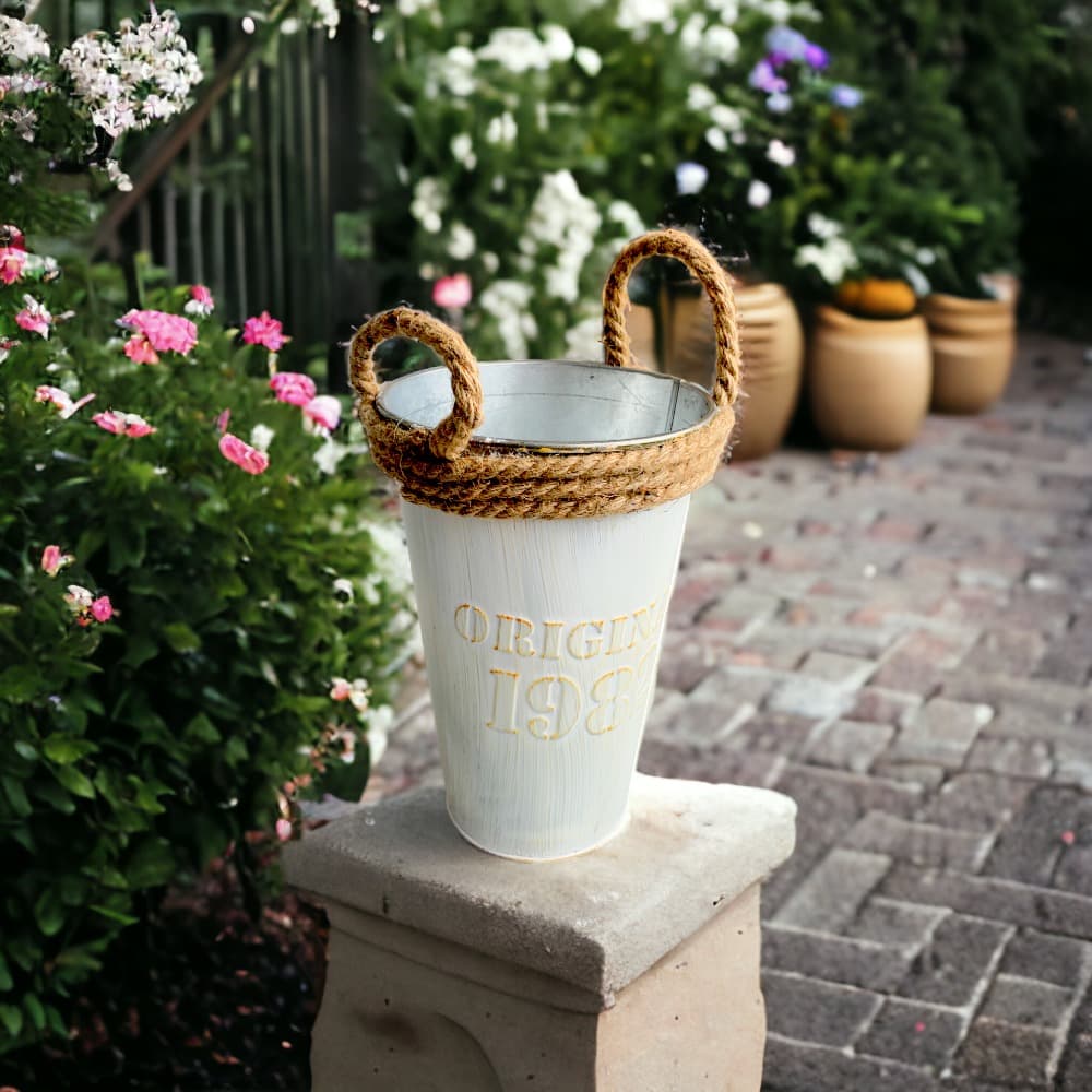 Ghiveci de metal cu mânere din iută - alb 12.5x20cm - CraftUp