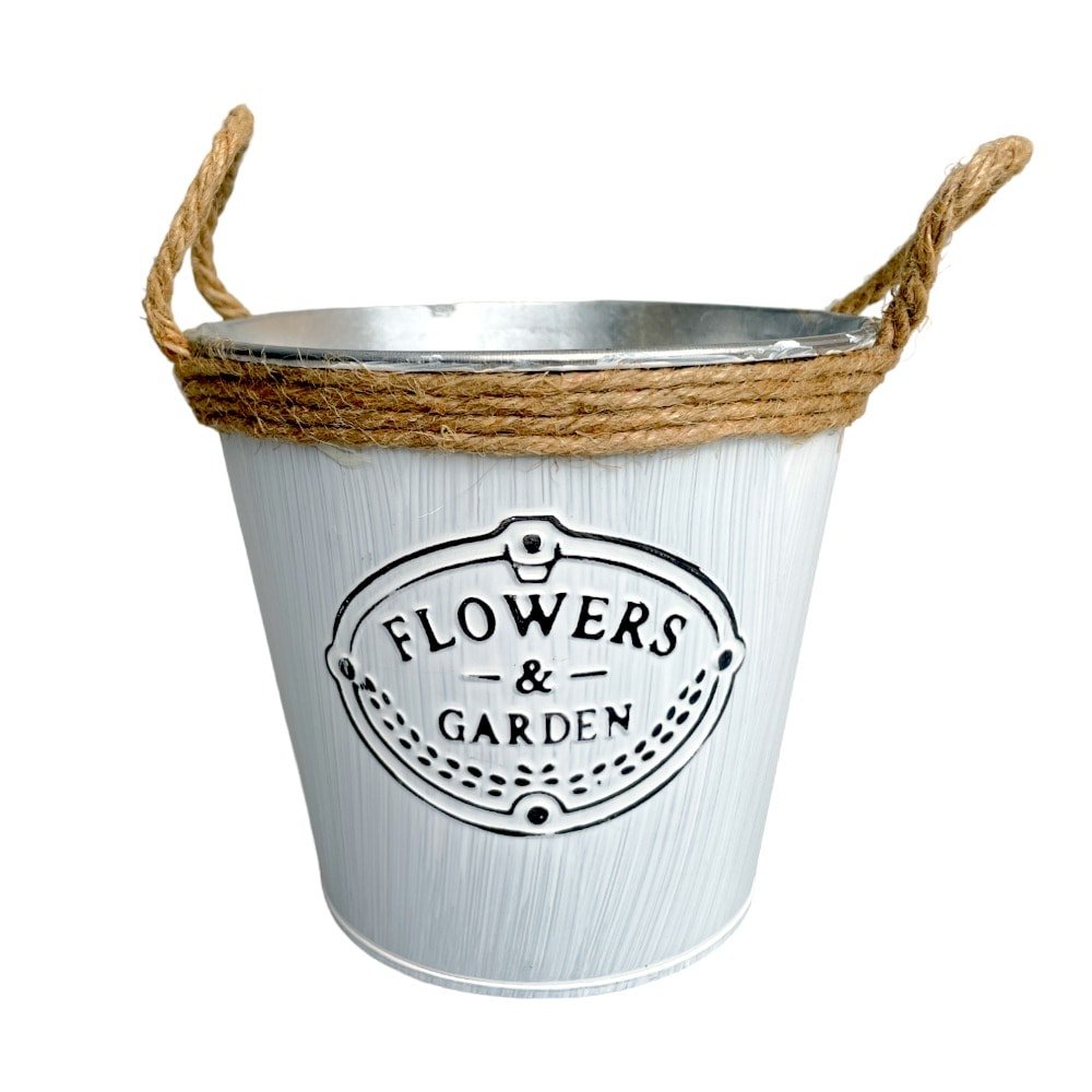 Ghiveci rotund din metal cu mânere din iută model Flowers and Garden - CraftUp