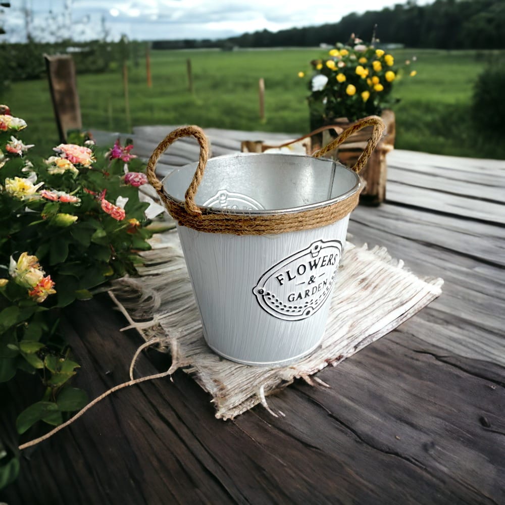 Ghiveci rotund din metal cu mânere din iută model Flowers and Garden - CraftUp