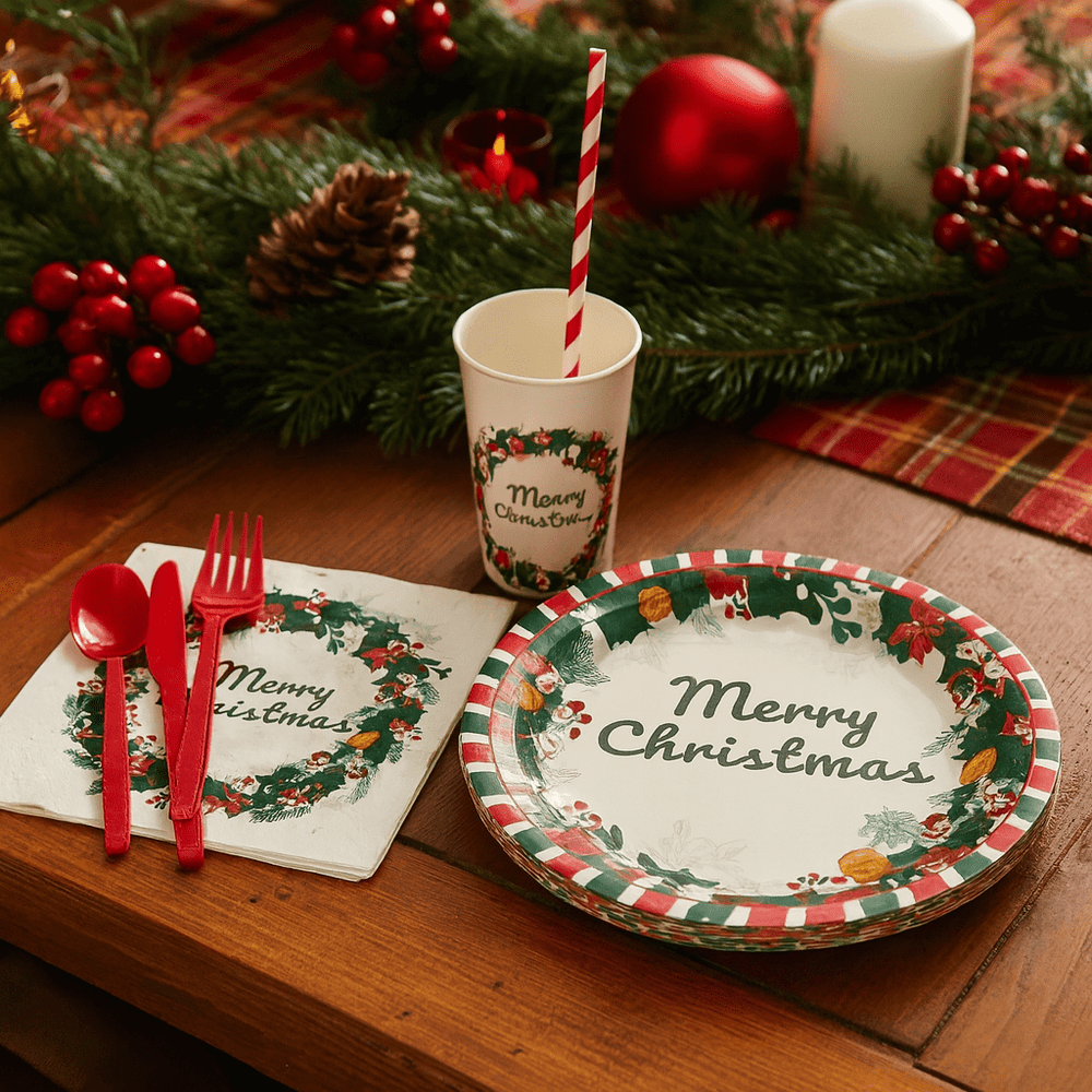 Kit de Petrecere "Merry Christmas" - Farfurii, Pahare, Tacâmuri și Șervețele - CraftUp