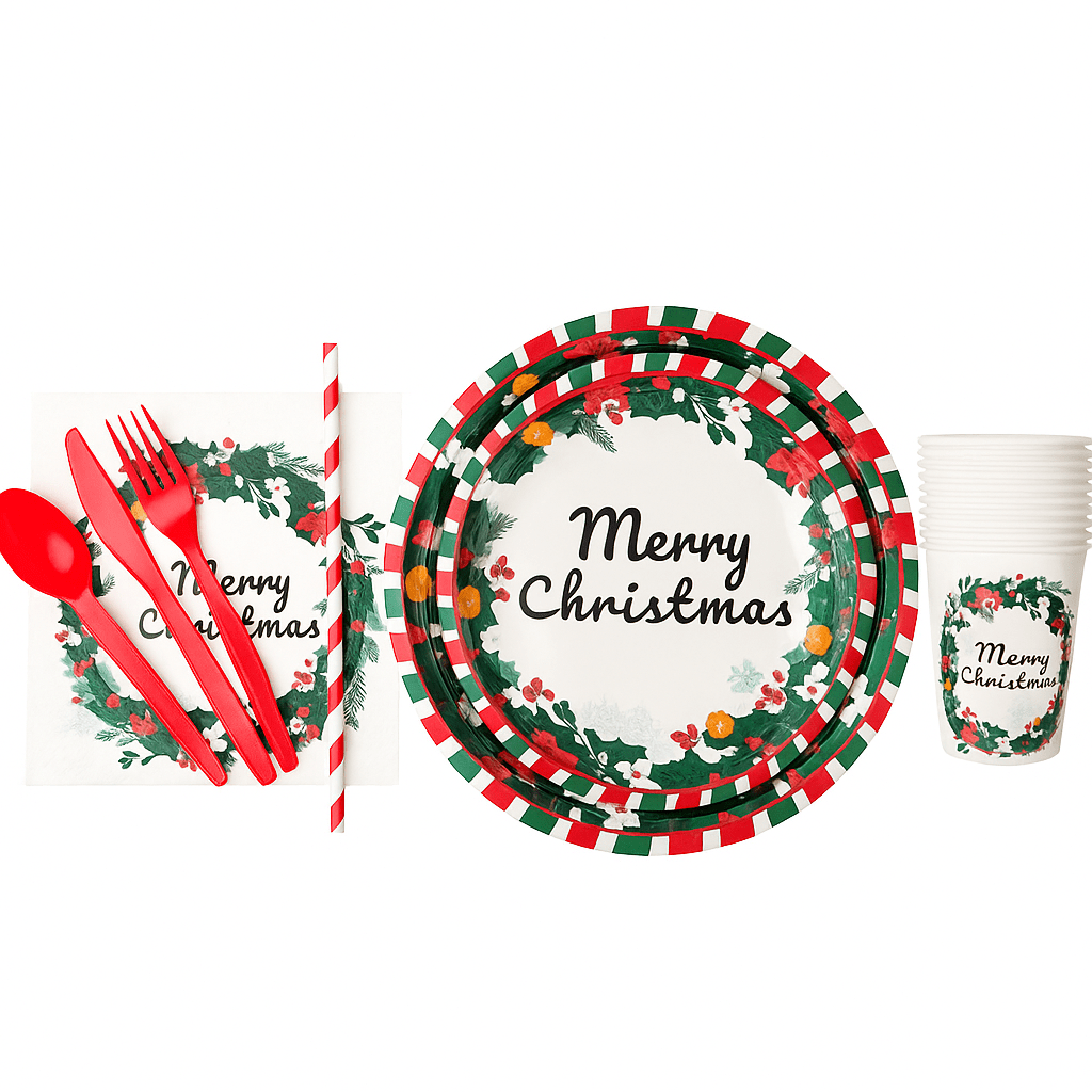 Kit de Petrecere "Merry Christmas" - Farfurii, Pahare, Tacâmuri și Șervețele - CraftUp