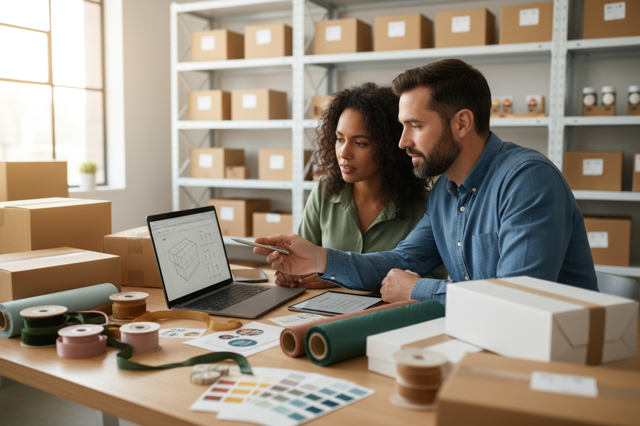 Photorealistic commercial lifestyle scene in a premium showroom/mini-warehouse.
Two professionals (diverse, 30s) sit side-by-side, collaborating: they review
packaging samples and personalization options on a table—kraft and matte-white
boxes, tissue paper, ribbons, custom stickers, color swatches, sample labels.
One points with a pen at a dieline on a laptop (UI blurred); a tablet with a
calendar/schedule is nearby (blurred) to suggest priority support and planning.
Background: tidy shelves with boxes and 