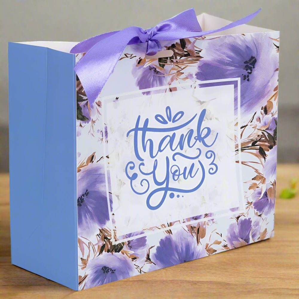 Pungă dreptunghiulară din hârtie Thank you cu model floral și panglică - mov (set 12 buc) - 16x14x7cm - CraftUp