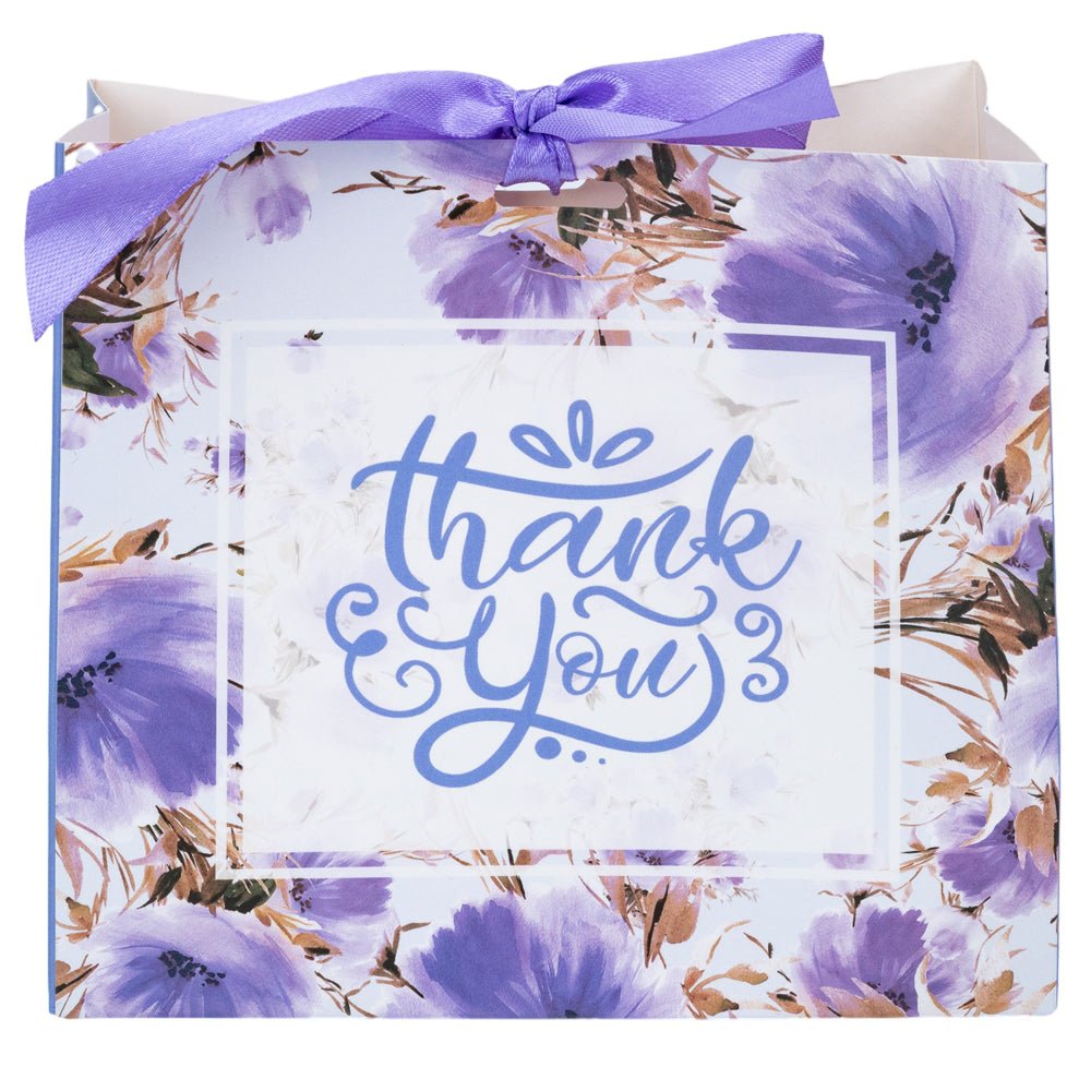 Pungă dreptunghiulară din hârtie Thank you cu model floral și panglică - mov (set 12 buc) - 16x14x7cm - CraftUp