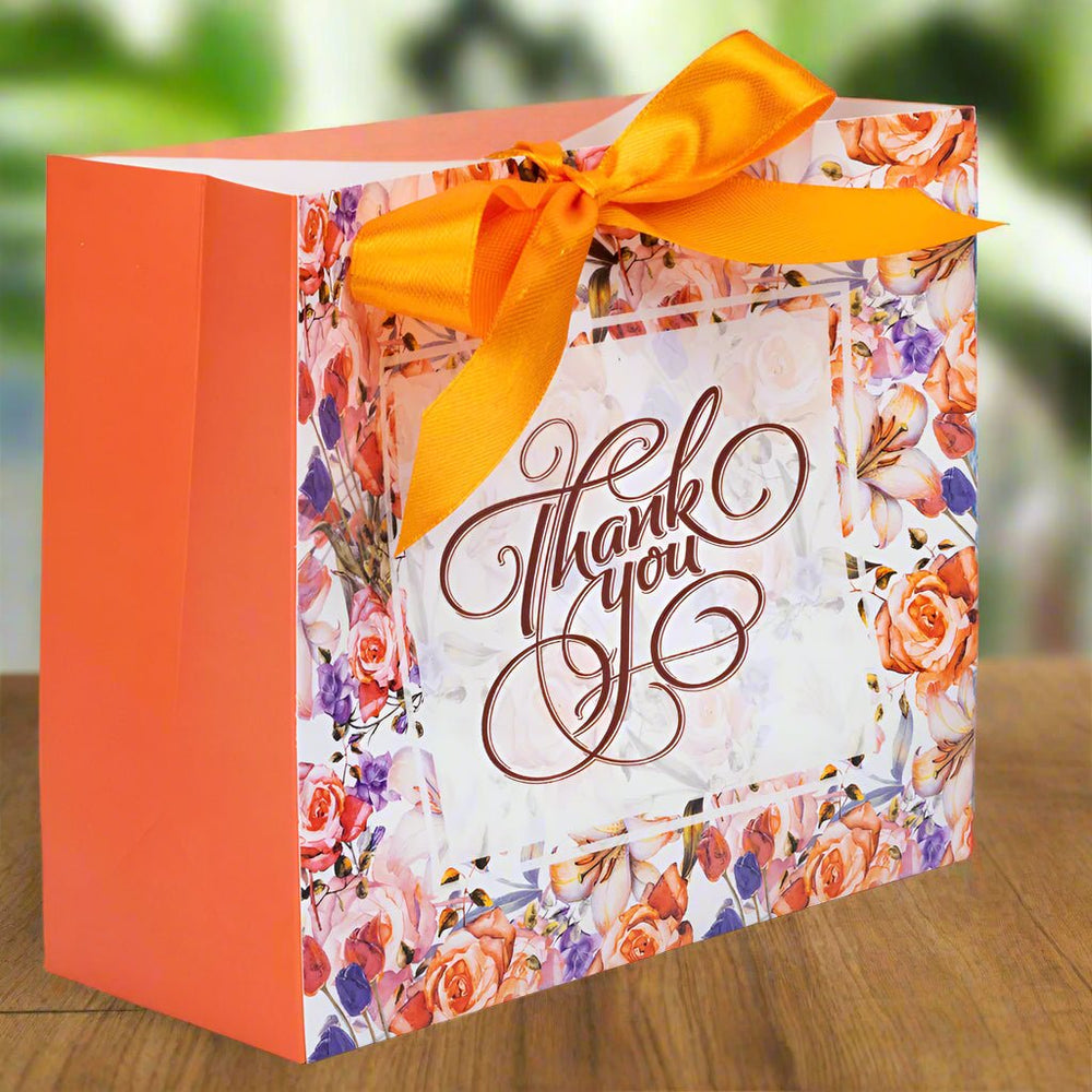 Pungă dreptunghiulară din hârtie Thank you cu model floral și panglică - portocaliu (set 12 buc) - 16x14x7cm - CraftUp