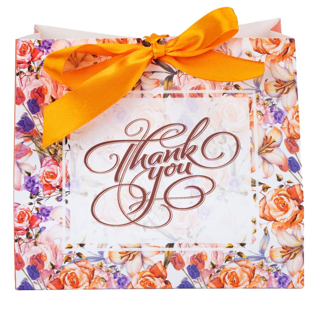 Pungă dreptunghiulară din hârtie Thank you cu model floral și panglică - portocaliu (set 12 buc) - 16x14x7cm - CraftUp