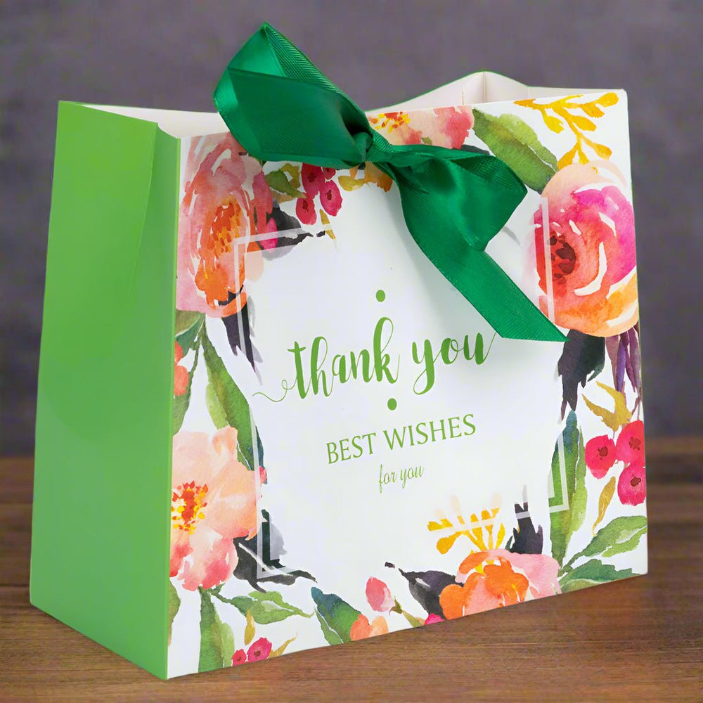 Pungă dreptunghiulară din hârtie Thank you cu model floral și panglică - verde (set 12 buc) - 16x14x7cm - CraftUp