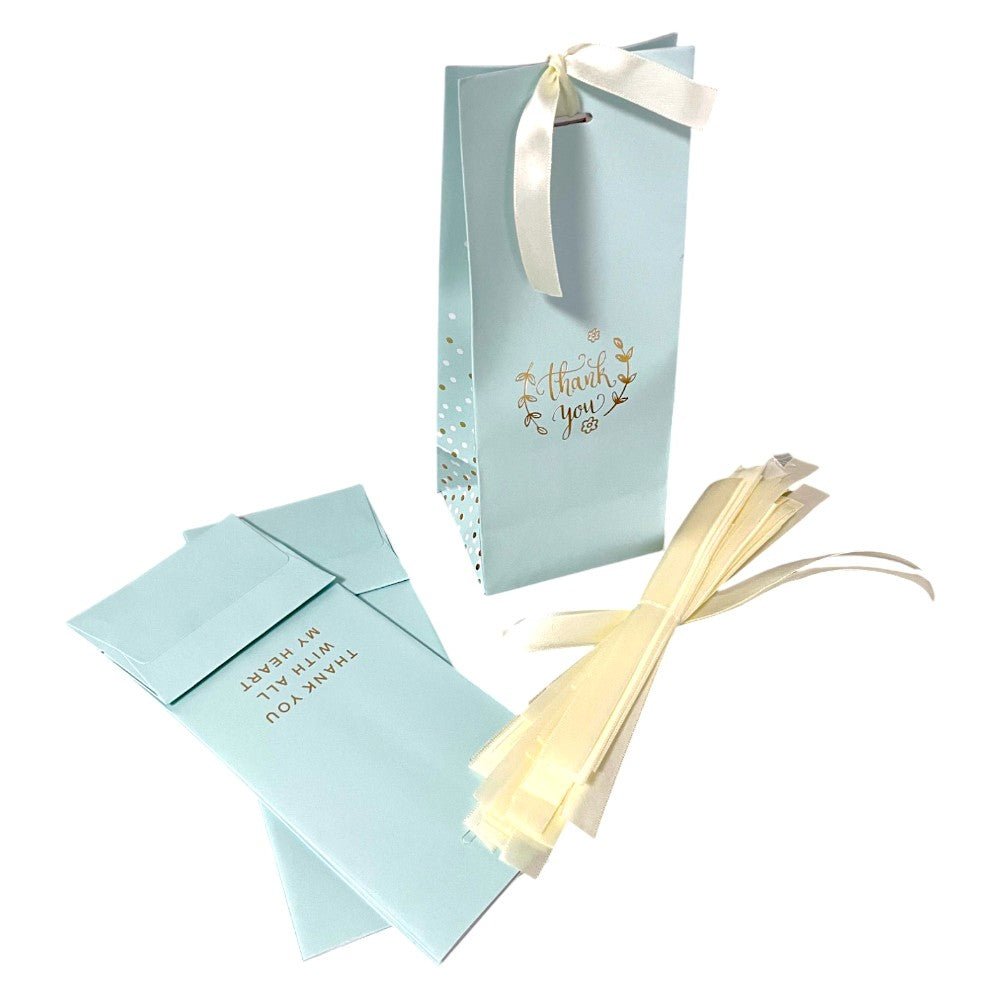 Pungă înaltă cu mesaj Thank you și panglică pentru închidere - bleu (set 50 buc) - 8x9.5x23cm - CraftUp